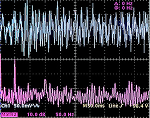 Traccia superiore: corrente di terra 0,5mA/div 50ms/div --- Traccia inferiore: spettro della corrente di terra 50Hz/div